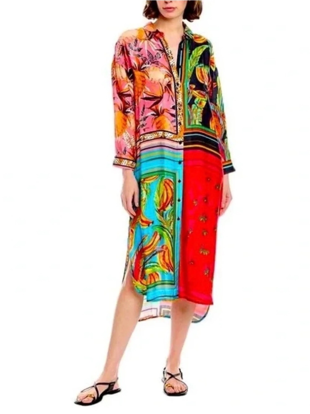 Mixed-Print Button-Front Midi Dress in Multicolor